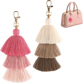 2 Pcs Colorful Tassel Keychain, Boho Handbag Purse Tassels Key Chain Pom Tassel Keychain Cute Layered Pendant for Women