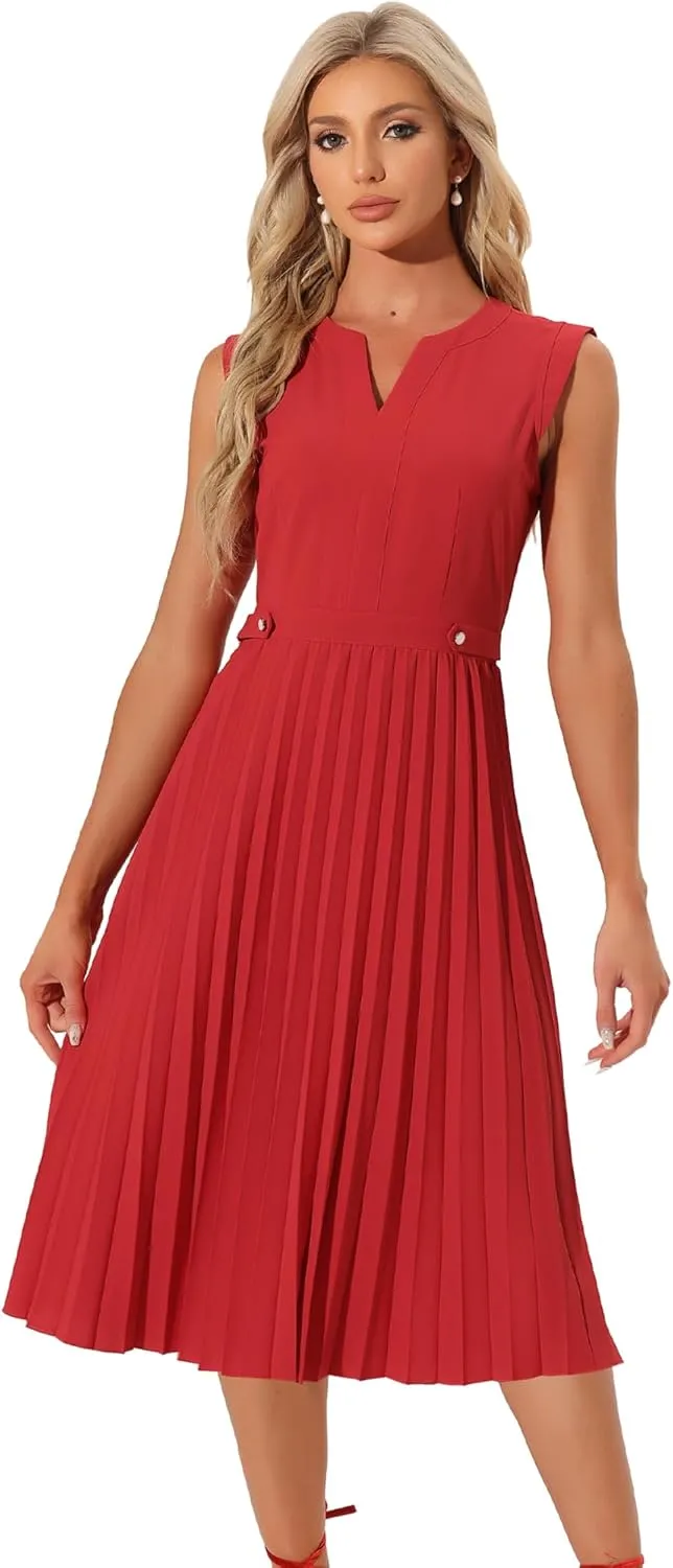 Allegra K Summer Dress for Women's 2024 Elegant Sleeveless V Neck A-Line Pleated Flowy Midi Dress