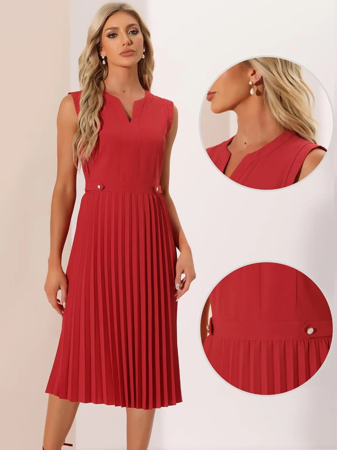 Allegra K Summer Dress for Women's 2024 Elegant Sleeveless V Neck A-Line Pleated Flowy Midi Dress