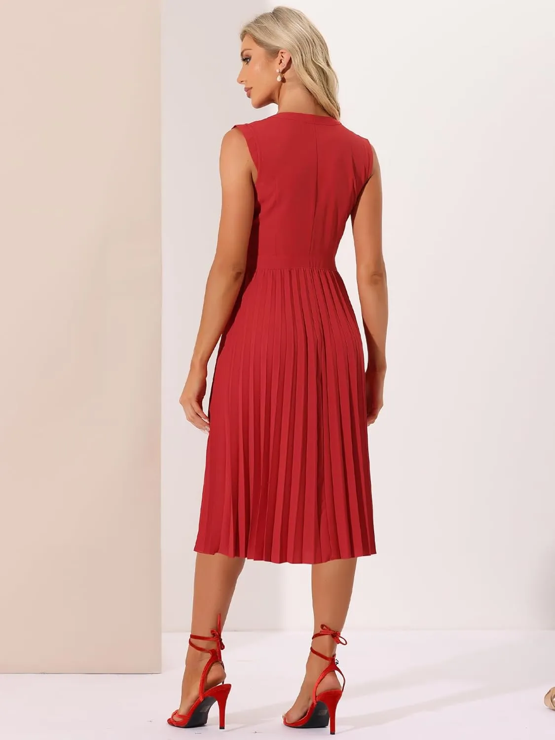 Allegra K Summer Dress for Women's 2024 Elegant Sleeveless V Neck A-Line Pleated Flowy Midi Dress