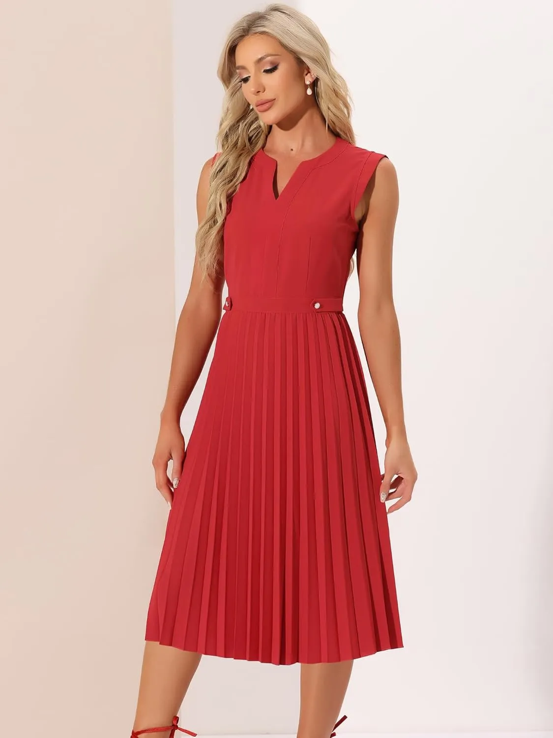 Allegra K Summer Dress for Women's 2024 Elegant Sleeveless V Neck A-Line Pleated Flowy Midi Dress