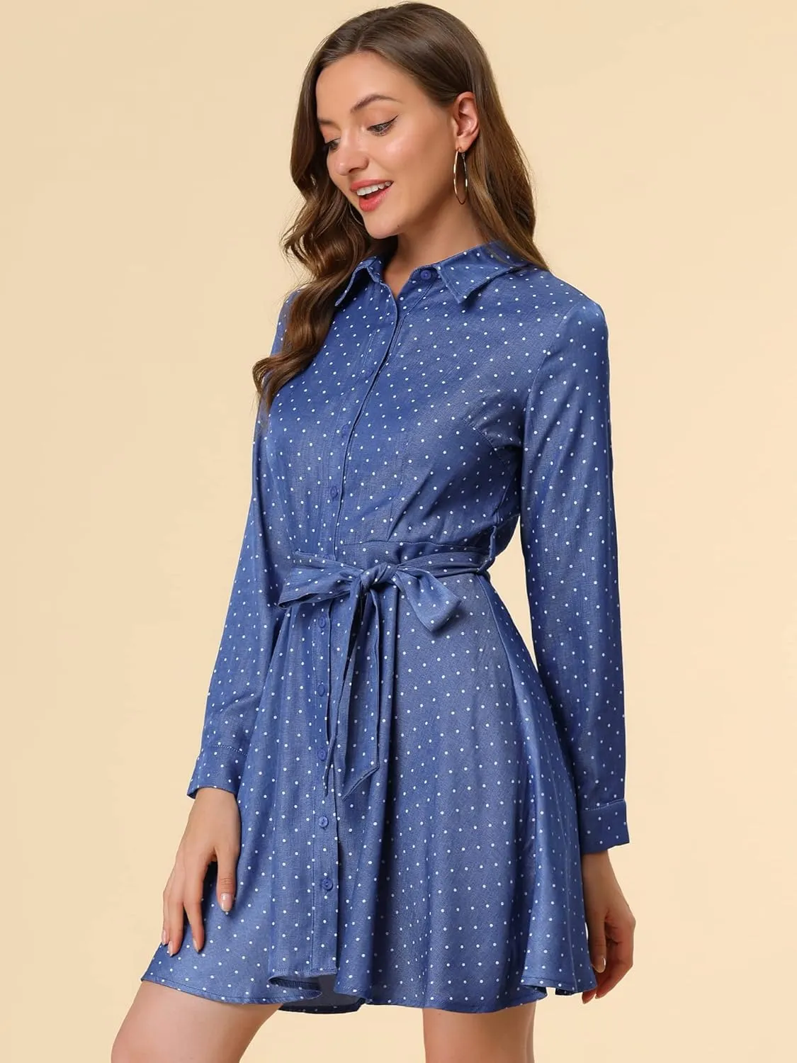 Allegra K Women's Button Down Long Sleeve Tie Waist Polka Dots Belted Shirt Dress