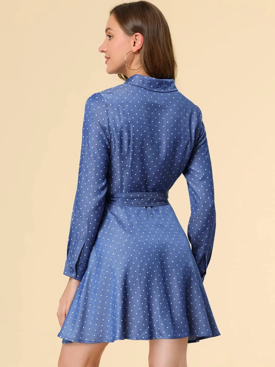 Allegra K Women's Button Down Long Sleeve Tie Waist Polka Dots Belted Shirt Dress