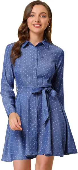 Allegra K Women's Button Down Long Sleeve Tie Waist Polka Dots Belted Shirt Dress