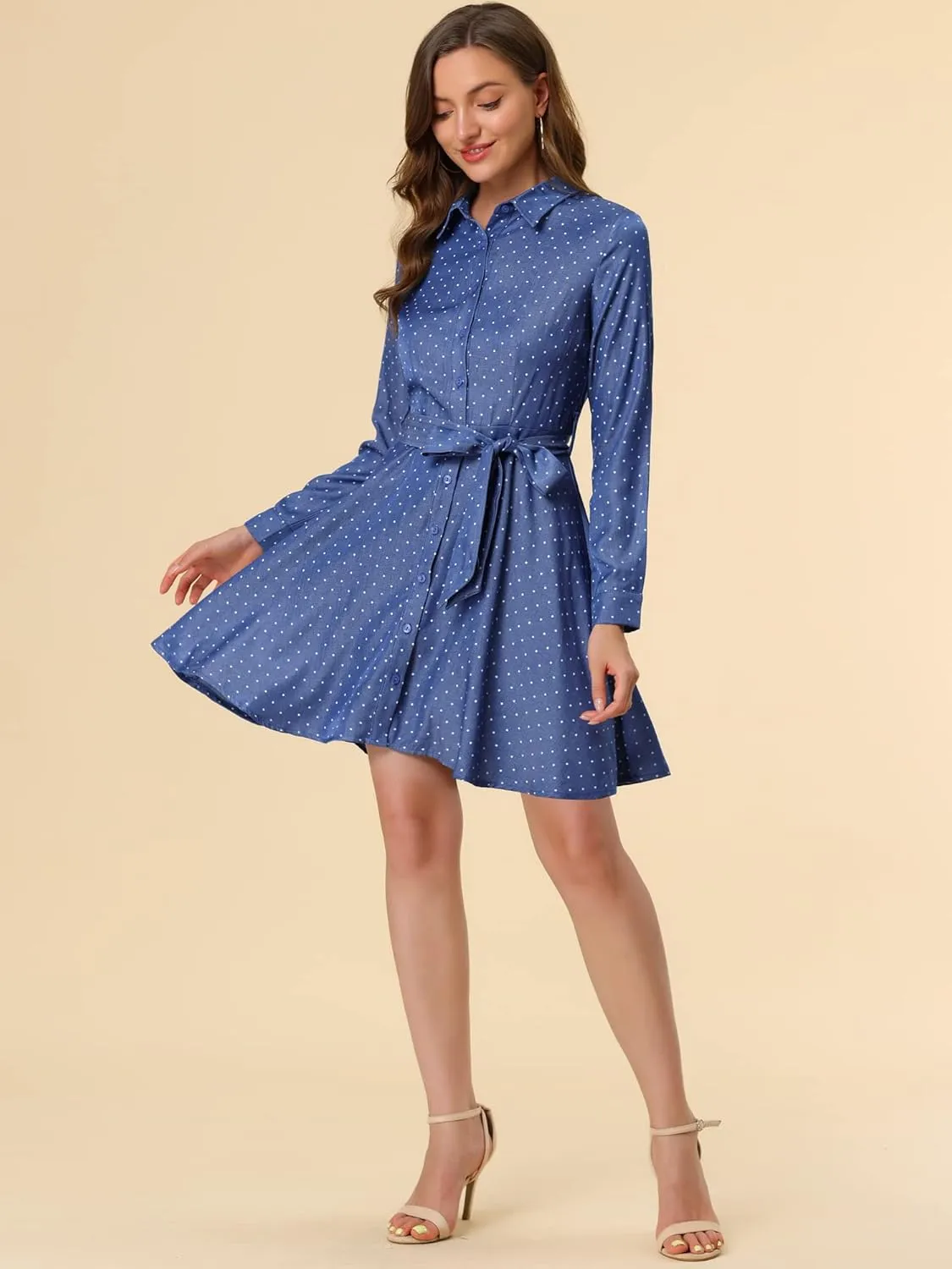 Allegra K Women's Button Down Long Sleeve Tie Waist Polka Dots Belted Shirt Dress