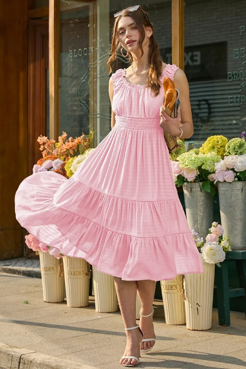 AlvaQ Women Summer Dresses Sleeveless Smocked Midi Dress High Waist Casual Tiered A Line Sundress with Pockets