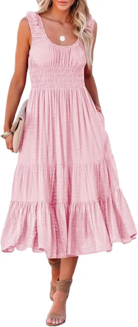 AlvaQ Women Summer Dresses Sleeveless Smocked Midi Dress High Waist Casual Tiered A Line Sundress with Pockets