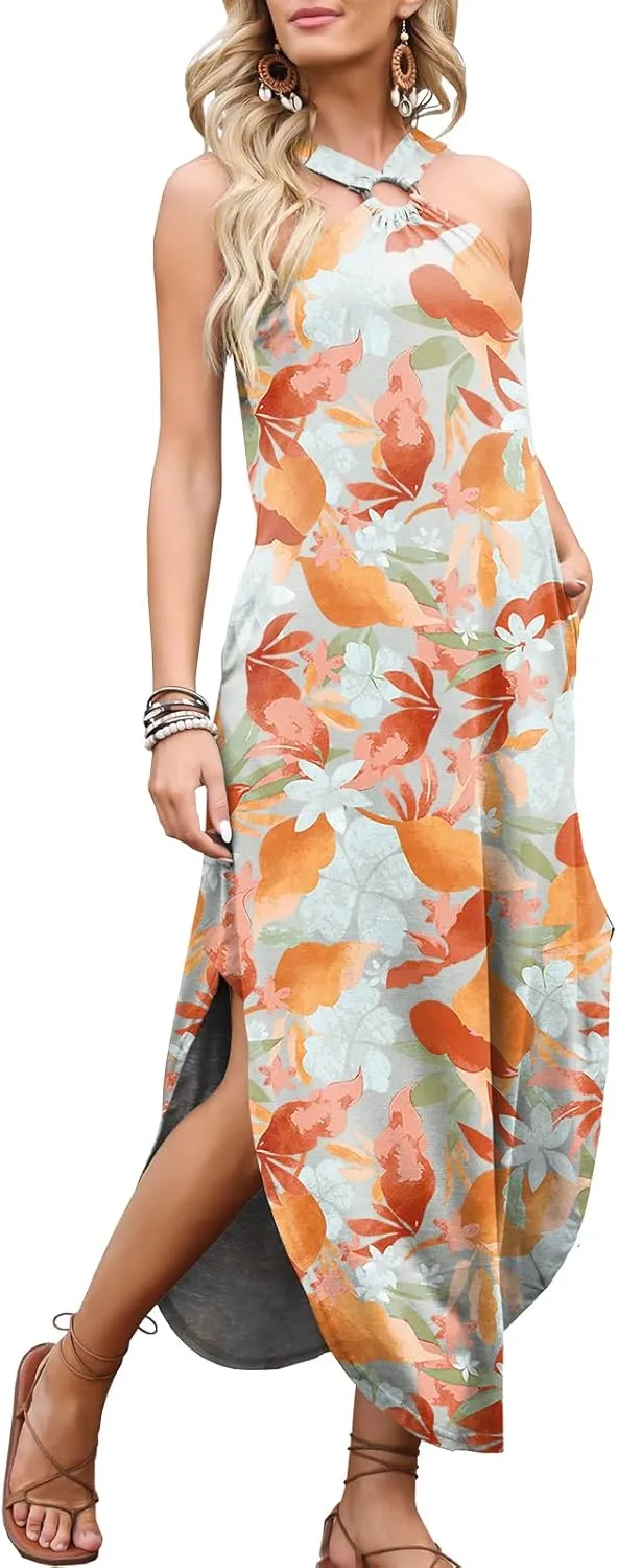 ANRABESS Women Summer Halter Neck Sundress Sleeveless Split Side Casual Beach Travel Vacation Maxi Long Dress with Pockets