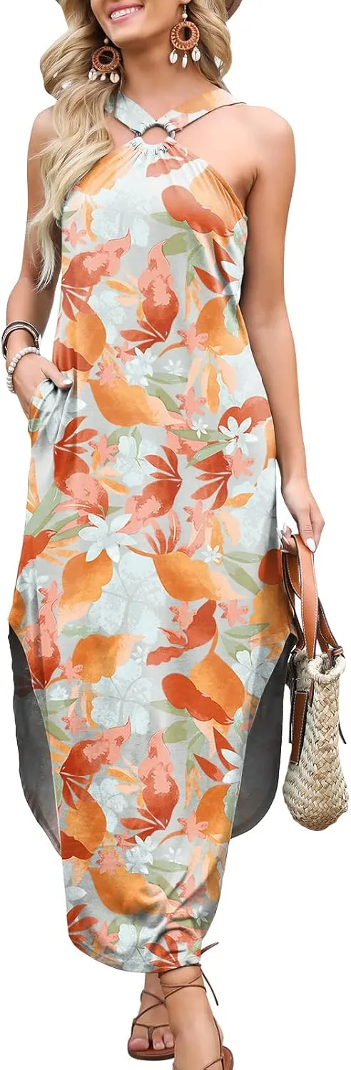 ANRABESS Women Summer Halter Neck Sundress Sleeveless Split Side Casual Beach Travel Vacation Maxi Long Dress with Pockets