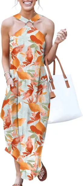 ANRABESS Women Summer Halter Neck Sundress Sleeveless Split Side Casual Beach Travel Vacation Maxi Long Dress with Pockets