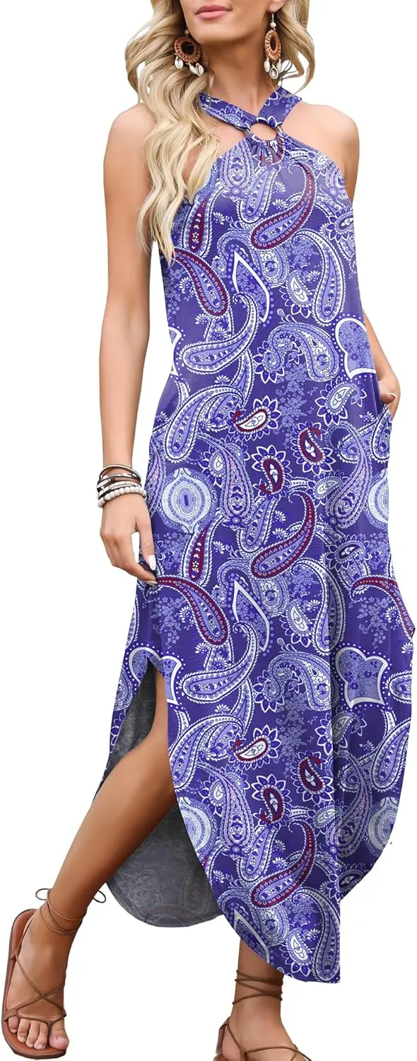 ANRABESS Women Summer Halter Neck Sundress Sleeveless Split Side Casual Beach Travel Vacation Maxi Long Dress with Pockets