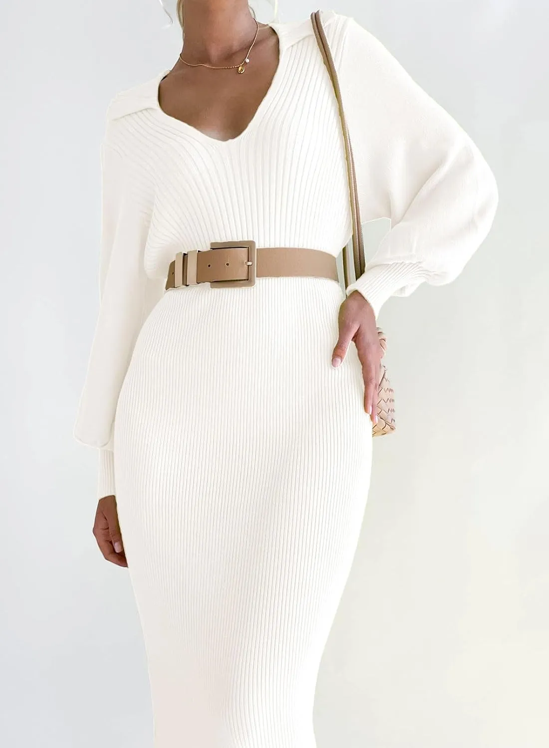 ARTFREE Women's Ribbed Sweater Wrap Dress Elegant Long Sleeve V Neck Knit Bodycon Maxi Dresses with Belt
