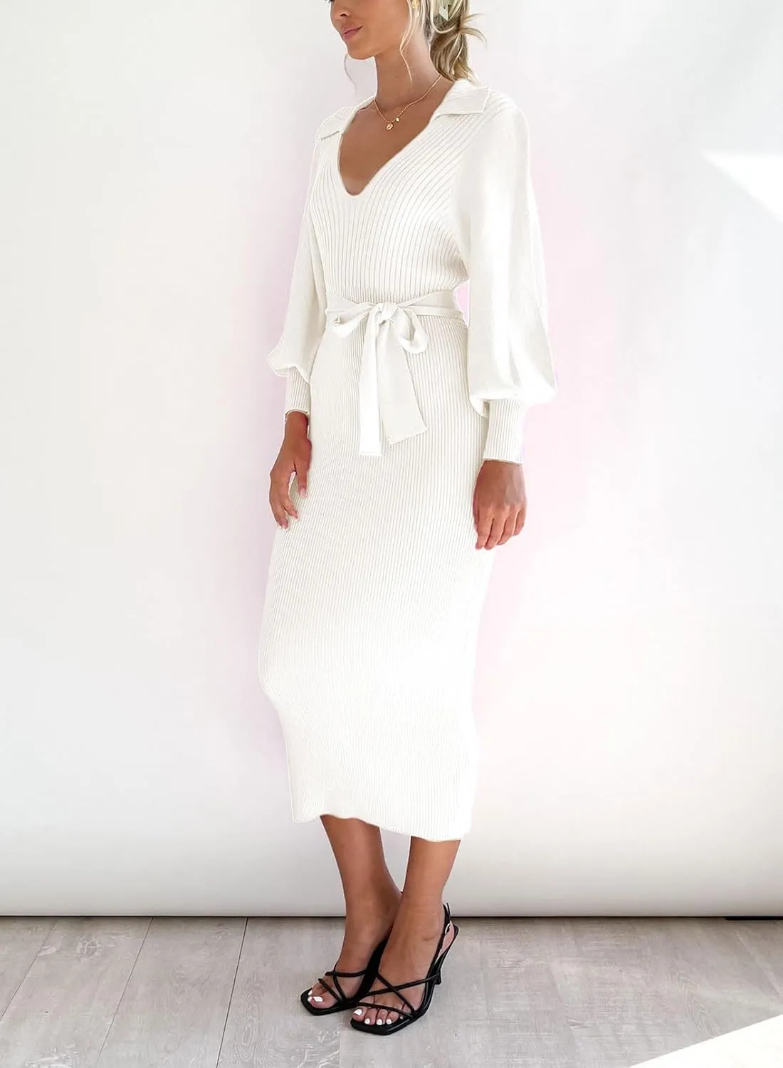 ARTFREE Women's Ribbed Sweater Wrap Dress Elegant Long Sleeve V Neck Knit Bodycon Maxi Dresses with Belt