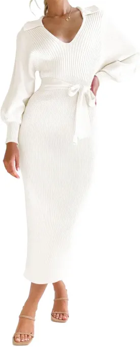 ARTFREE Women's Ribbed Sweater Wrap Dress Elegant Long Sleeve V Neck Knit Bodycon Maxi Dresses with Belt