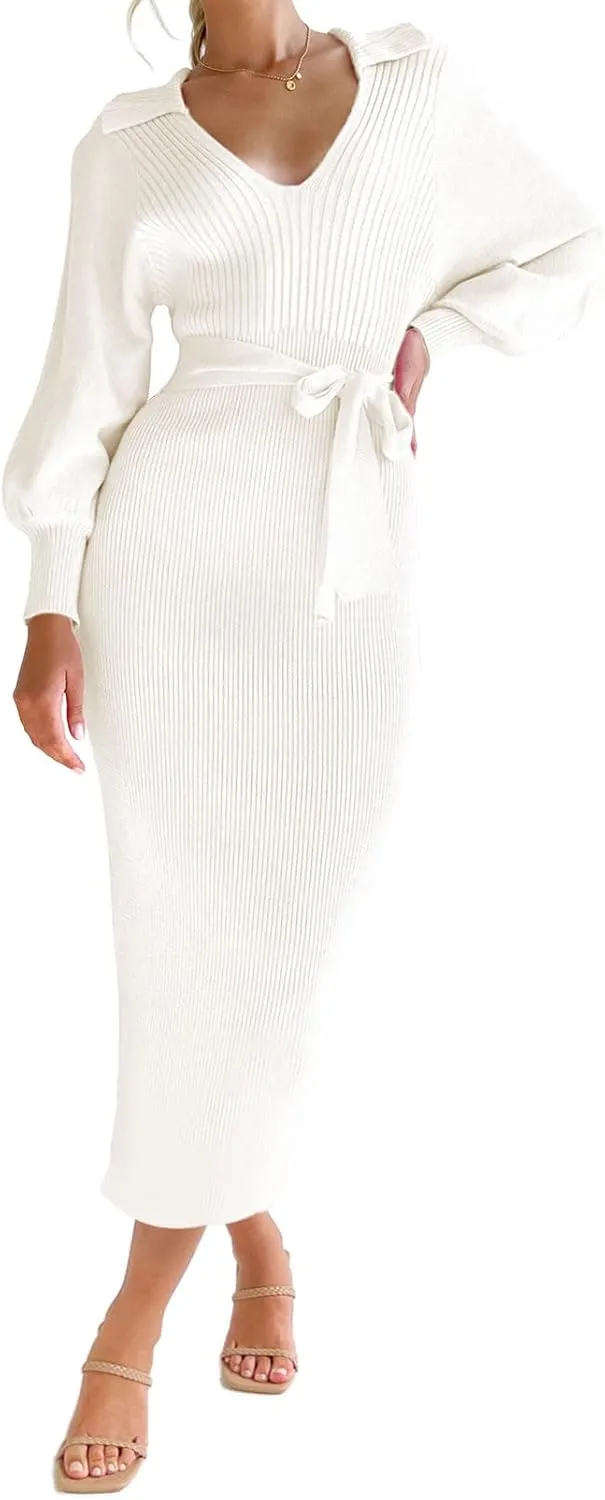 ARTFREE Women's Ribbed Sweater Wrap Dress Elegant Long Sleeve V Neck Knit Bodycon Maxi Dresses with Belt