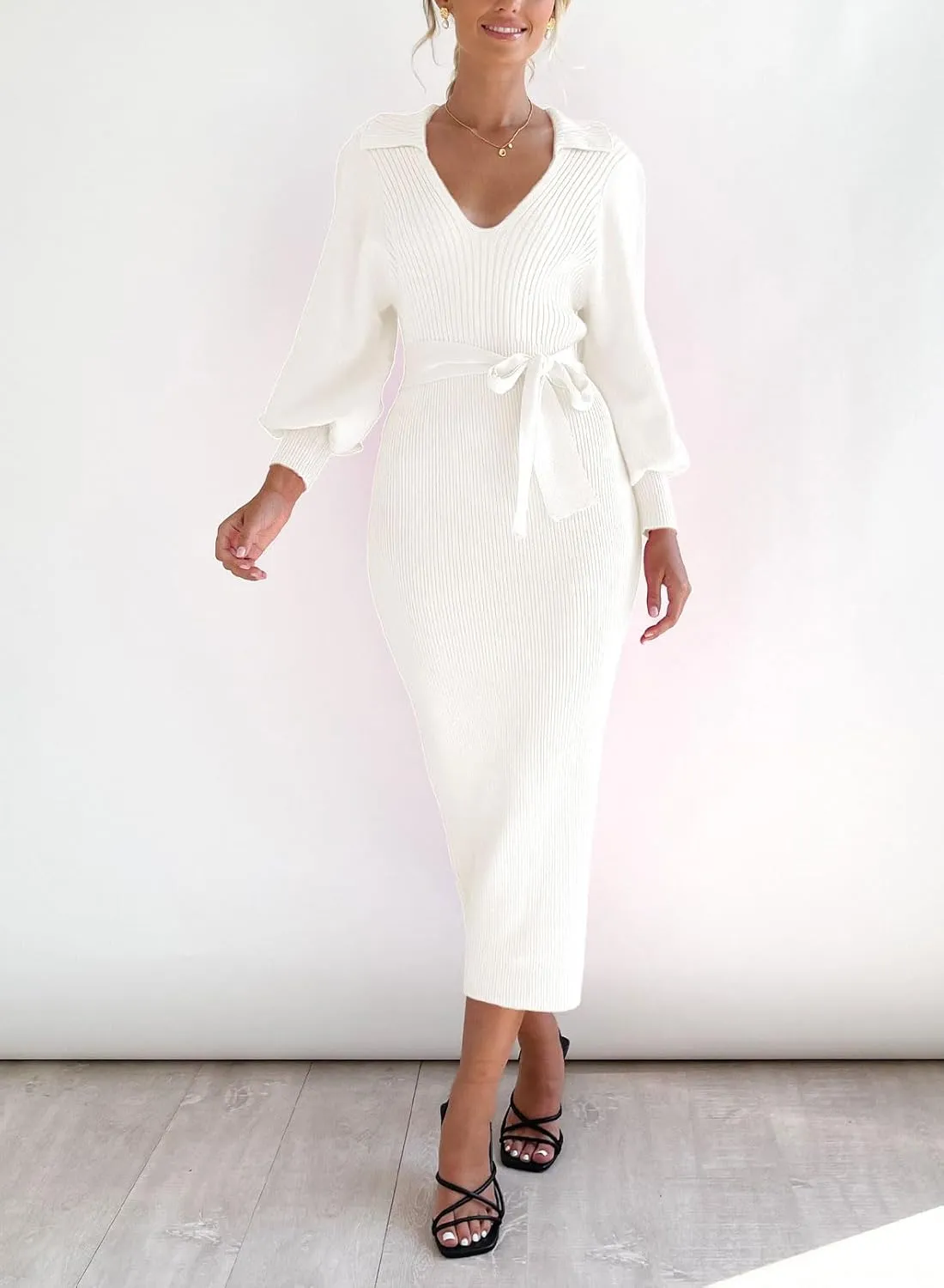ARTFREE Women's Ribbed Sweater Wrap Dress Elegant Long Sleeve V Neck Knit Bodycon Maxi Dresses with Belt
