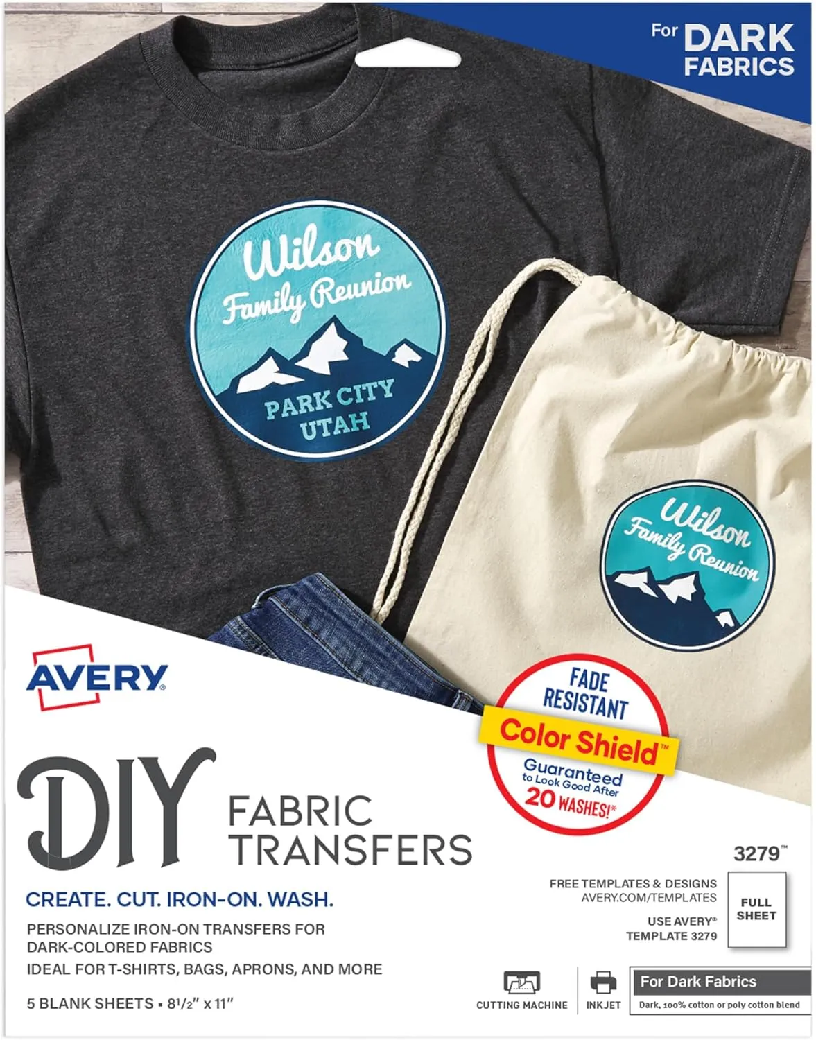 Avery Printable Heat Transfer Paper for Dark Fabrics 8.5" x 11", Inkjet Printer Compatible, 5 Pack Iron On Transfers (3279)