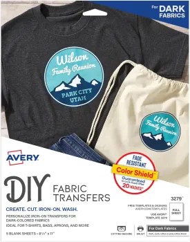Avery Printable Heat Transfer Paper for Dark Fabrics 8.5" x 11", Inkjet Printer Compatible, 5 Pack Iron On Transfers (3279)