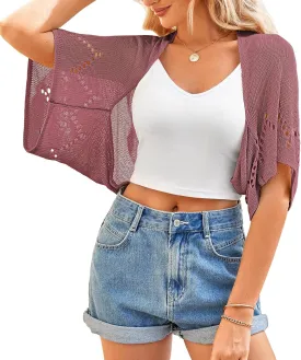 BB&KK Women's Summer Crochet Cardigans Hollow-Out Batwing Short Sleeve Lightweight Open Front Shrug Bolero Sweaters