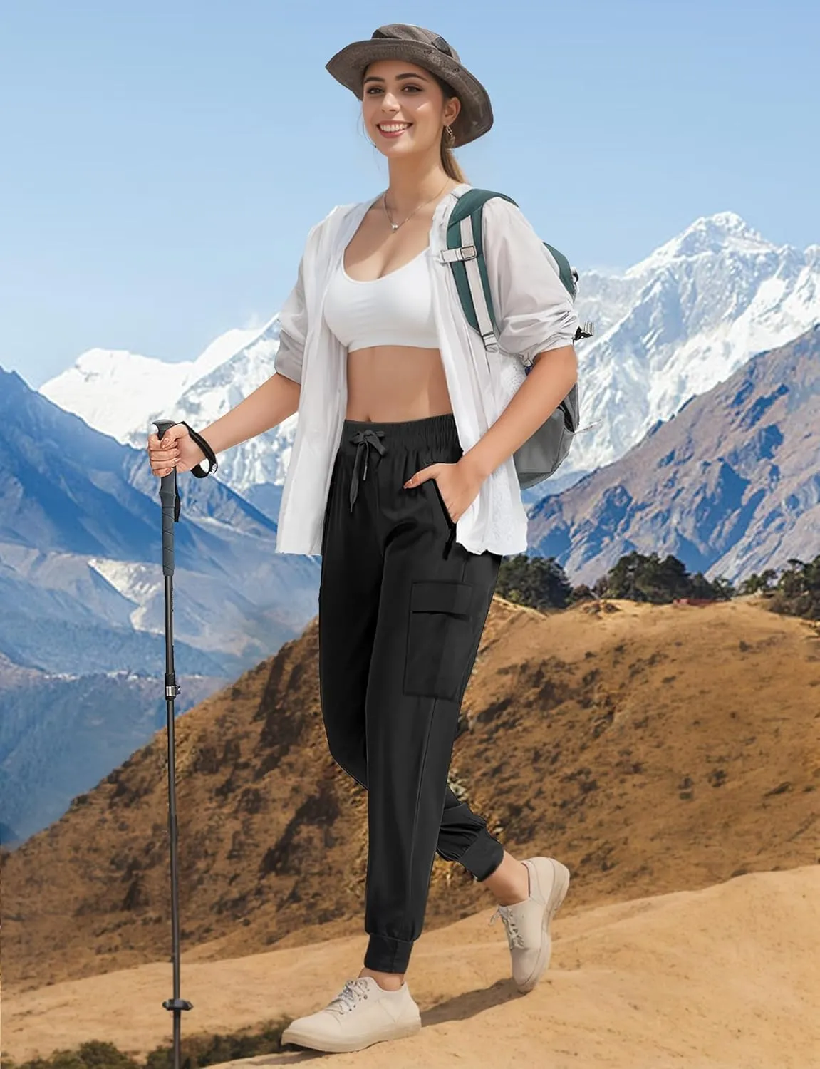 Buauty Women's Hiking Pants - Lightweight Quick Dry Cargo Joggers with Pockets, Elastic Waist for Outdoor and Travel