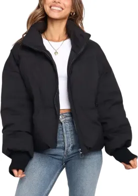 Dqbeng Puffer Jacket Womens Winter Casual Warm Long Sleeve Zip Up Padded Coat