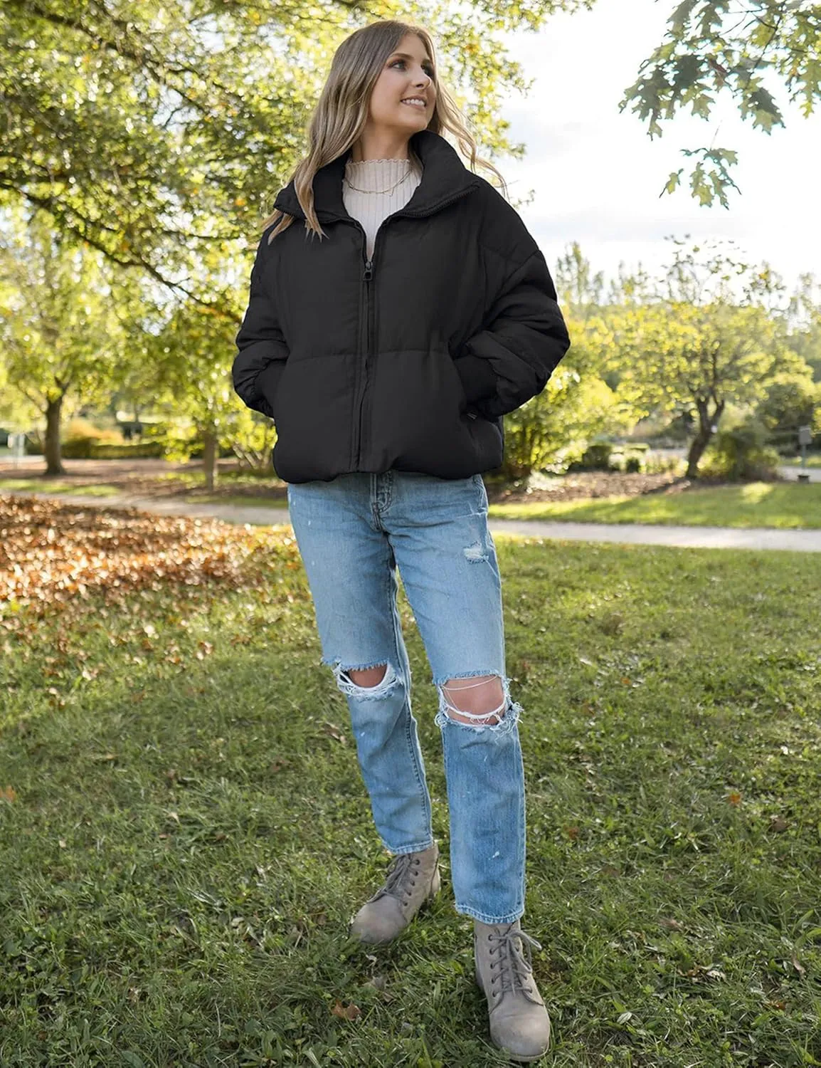 Dqbeng Puffer Jacket Womens Winter Casual Warm Long Sleeve Zip Up Padded Coat