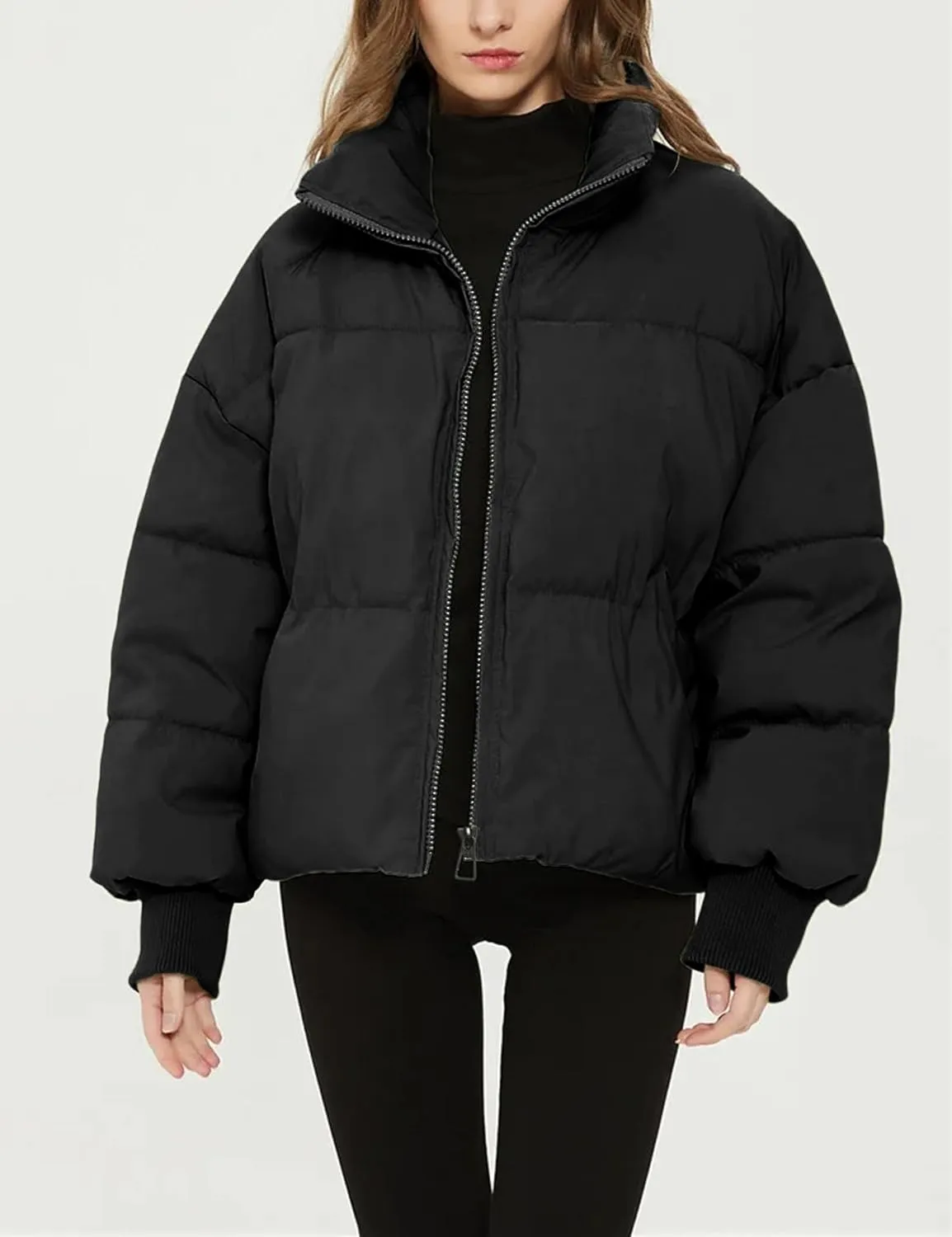Dqbeng Puffer Jacket Womens Winter Casual Warm Long Sleeve Zip Up Padded Coat