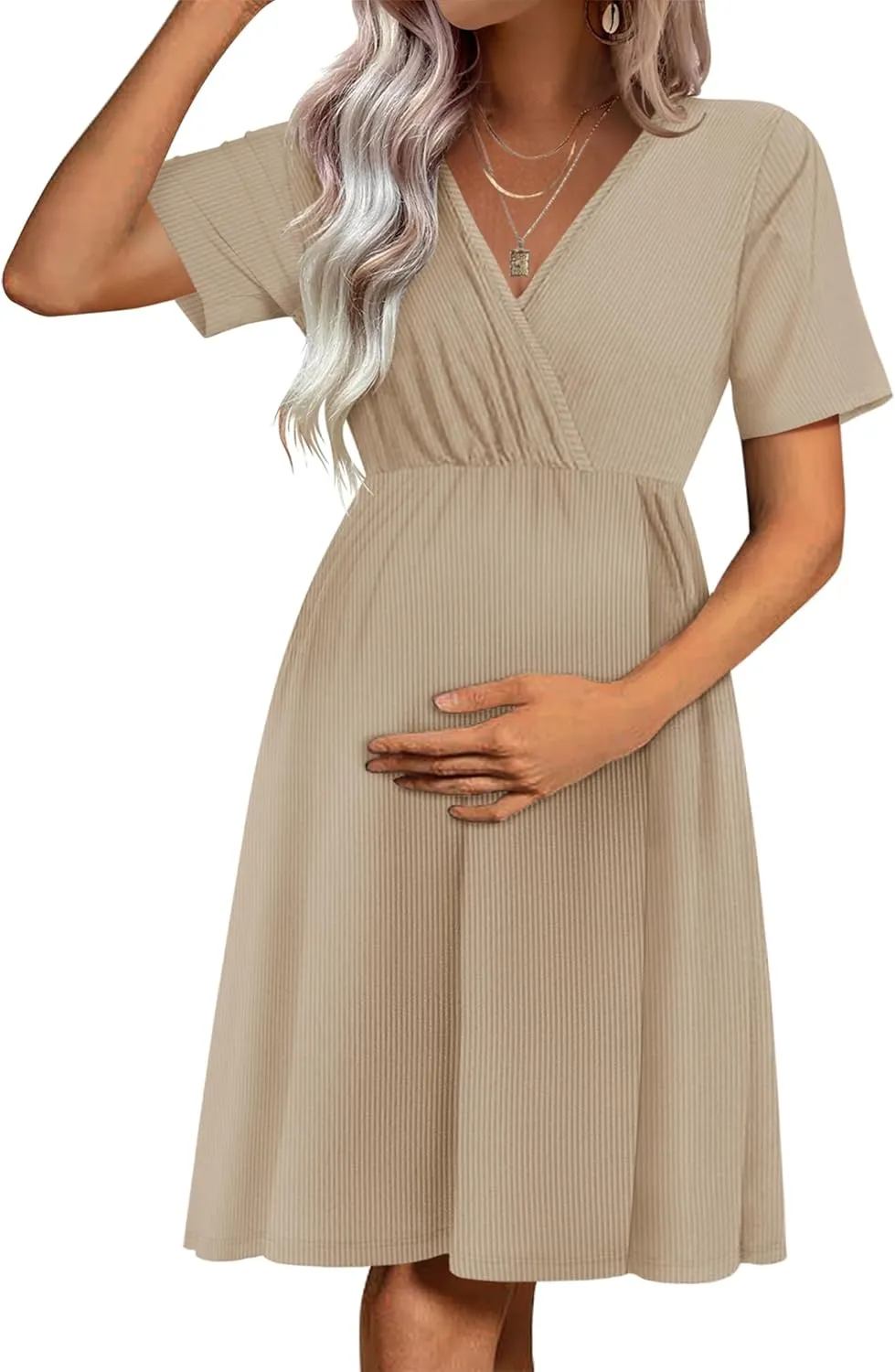Ekouaer Maternity Nursing Dress V Neck Short Sleeve Breastfeeding Dresses Ribbed Knit Pregnancy Clothes S-XXL
