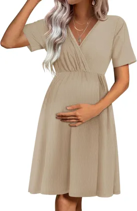Ekouaer Maternity Nursing Dress V Neck Short Sleeve Breastfeeding Dresses Ribbed Knit Pregnancy Clothes S-XXL
