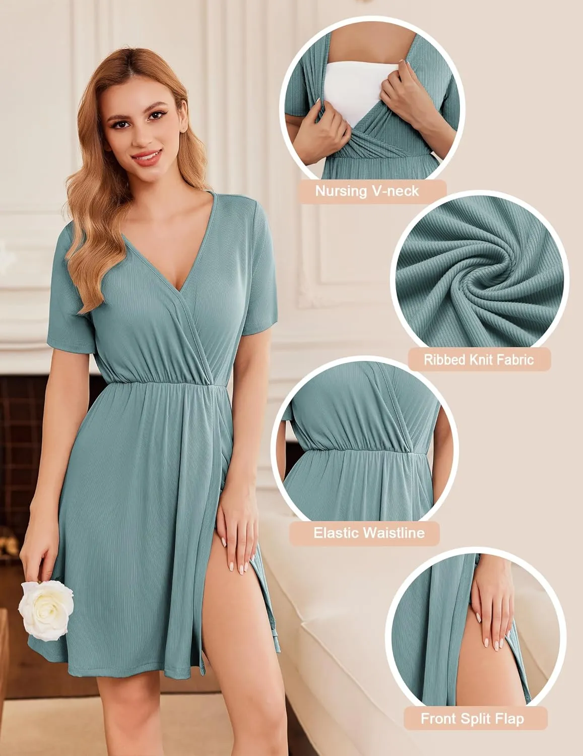 Ekouaer Maternity Nursing Dress V Neck Short Sleeve Breastfeeding Dresses Ribbed Knit Pregnancy Clothes S-XXL