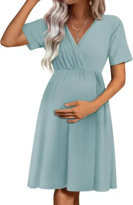 Ekouaer Maternity Nursing Dress V Neck Short Sleeve Breastfeeding Dresses Ribbed Knit Pregnancy Clothes S-XXL
