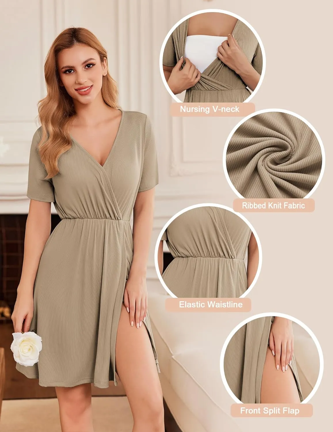 Ekouaer Maternity Nursing Dress V Neck Short Sleeve Breastfeeding Dresses Ribbed Knit Pregnancy Clothes S-XXL