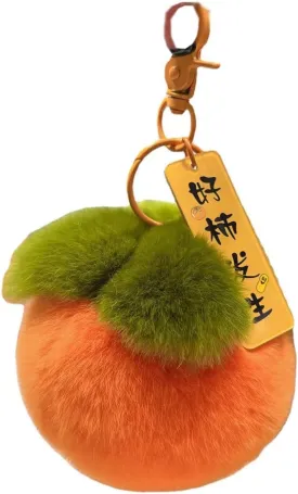 Fruit Persimmon Keychain Soft Fluffy Keychains Cute Plush Key Rings Faux Fur Keyring Pompom Keychain Decoration