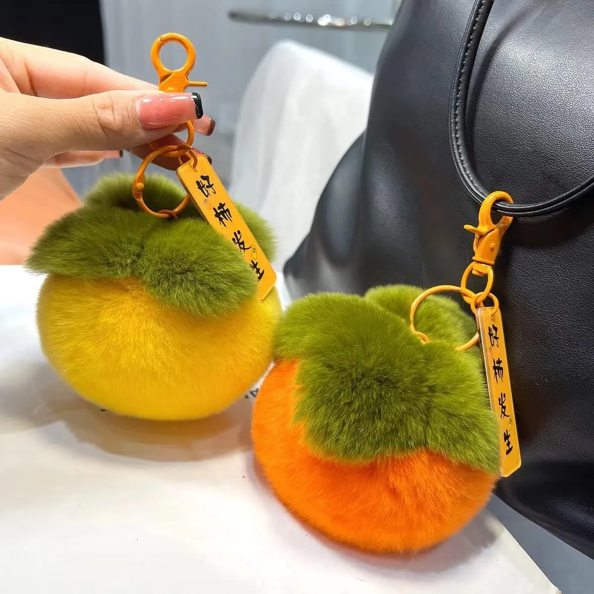 Fruit Persimmon Keychain Soft Fluffy Keychains Cute Plush Key Rings Faux Fur Keyring Pompom Keychain Decoration