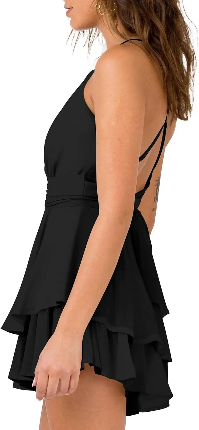 Hocuos Women's Dress Sexy V-Neck Adjustable Spaghetti Strap Waist Tie Sleeveless Layer Ruffle Hem A Line Mini Dress