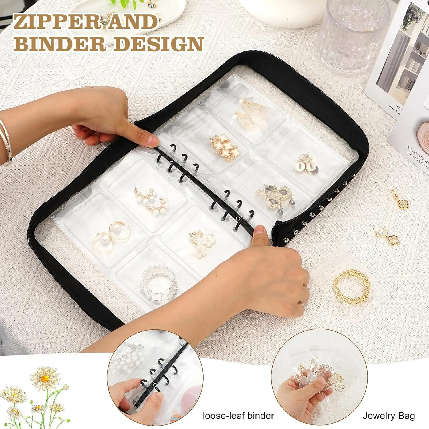 Jewelry Storage Book Organizer Travel Transparent Earring Storage Binder for Necklace, Ring, Earring, Storage (2 Set, Black Flowers)
