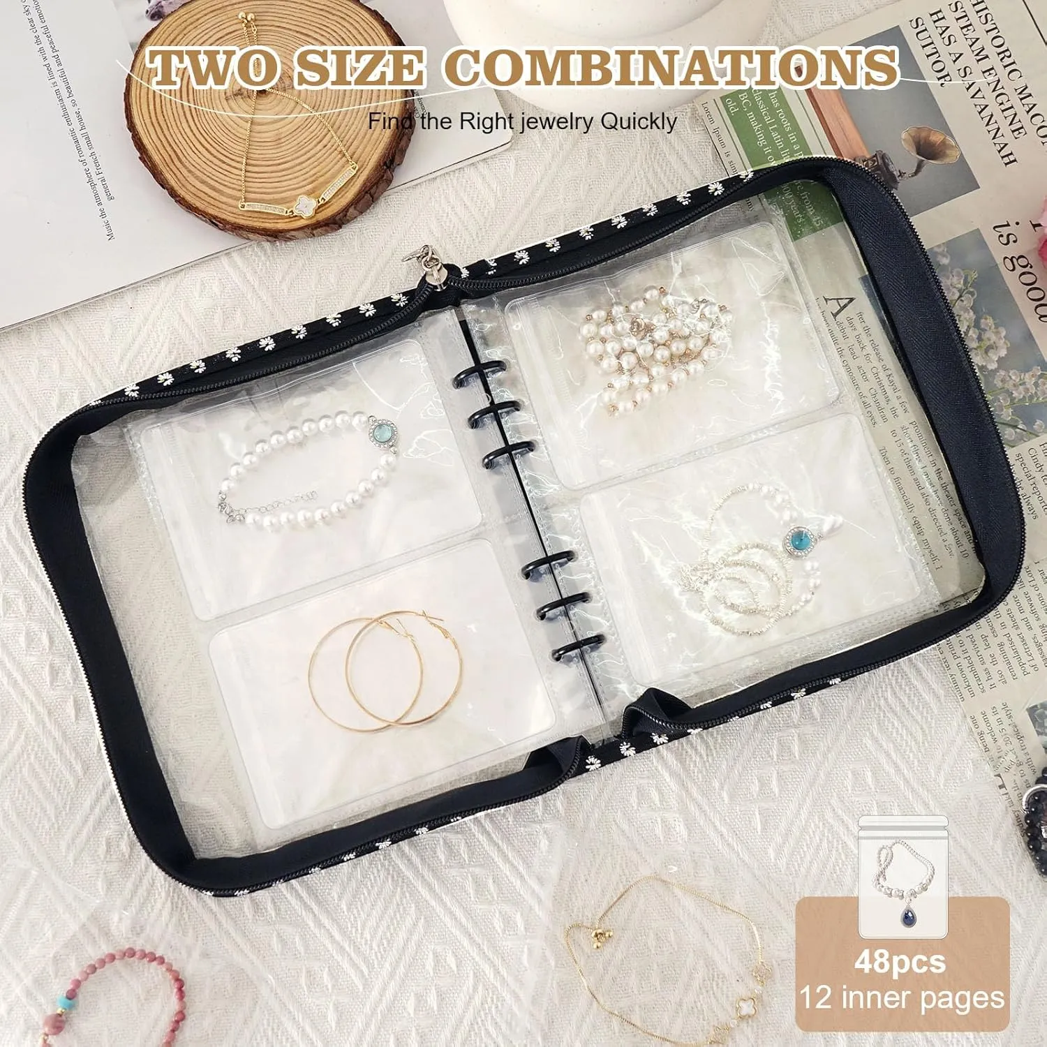 Jewelry Storage Book Organizer Travel Transparent Earring Storage Binder for Necklace, Ring, Earring, Storage (2 Set, Black Flowers)