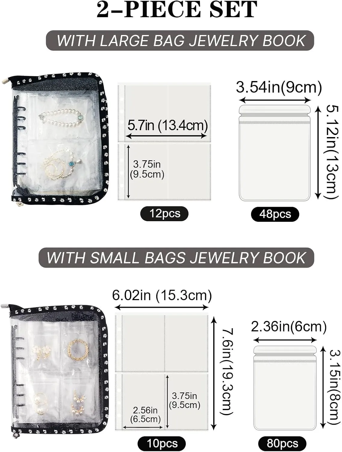 Jewelry Storage Book Organizer Travel Transparent Earring Storage Binder for Necklace, Ring, Earring, Storage (2 Set, Black Flowers)