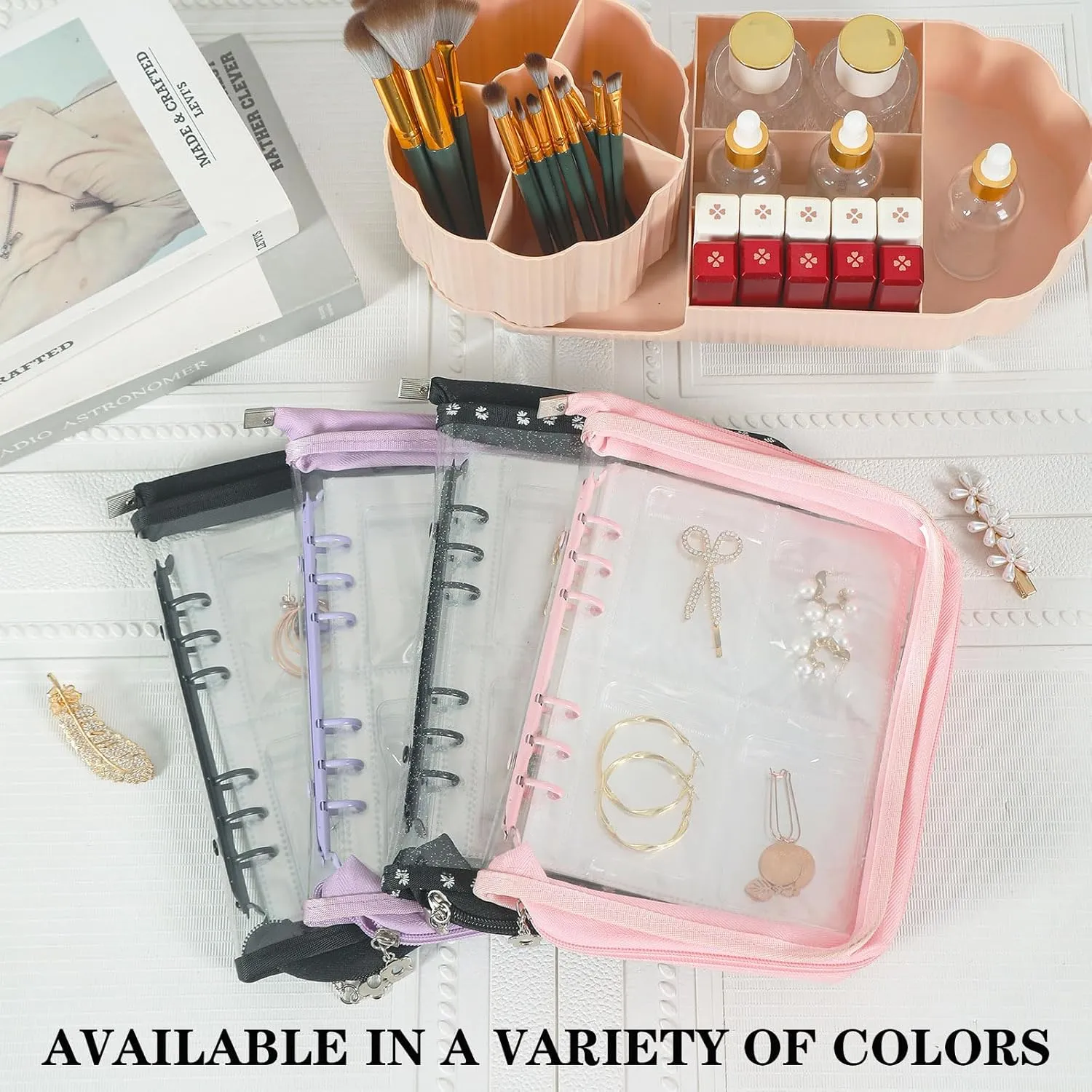 Jewelry Storage Book Organizer Travel Transparent Earring Storage Binder for Necklace, Ring, Earring, Storage (2 Set, Black Flowers)