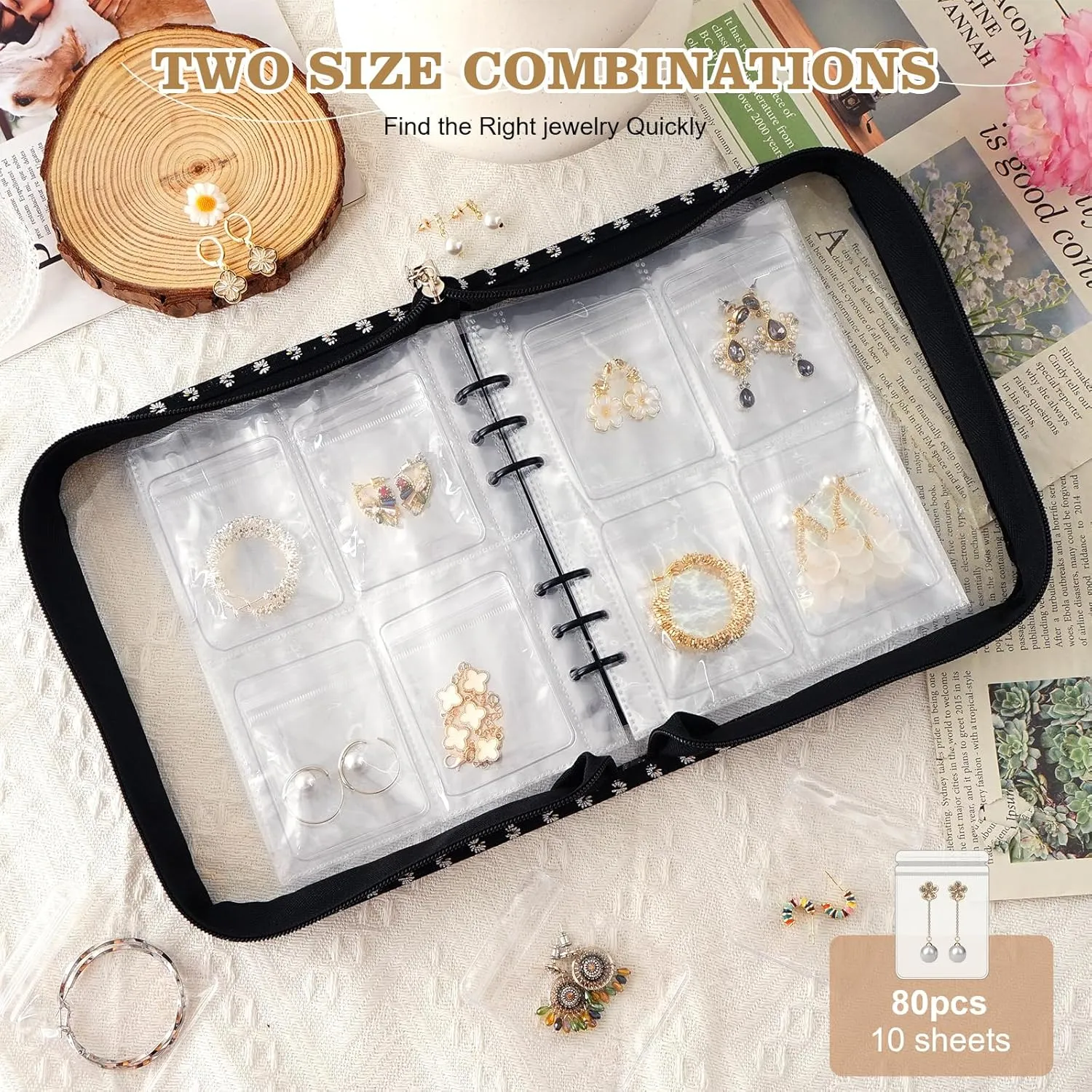 Jewelry Storage Book Organizer Travel Transparent Earring Storage Binder for Necklace, Ring, Earring, Storage (2 Set, Black Flowers)