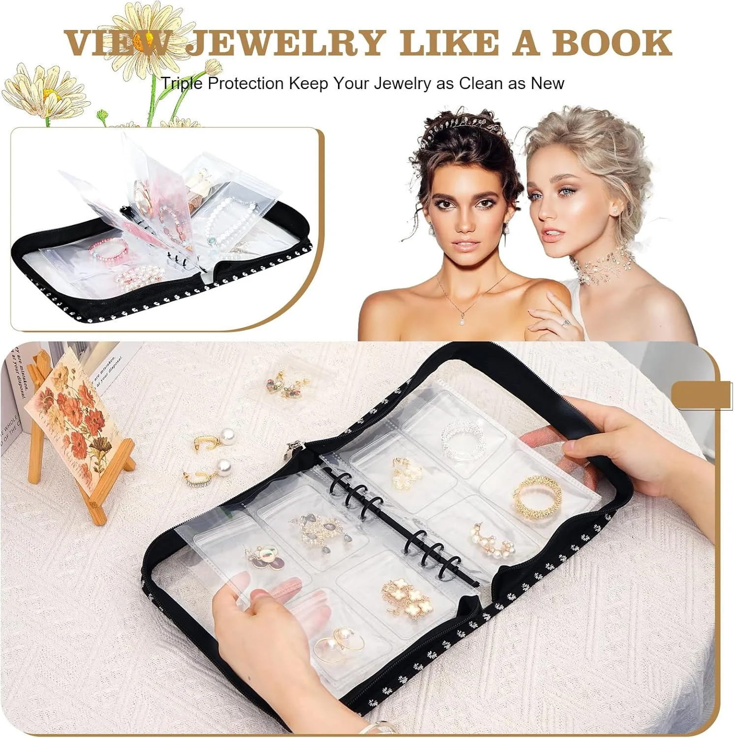 Jewelry Storage Book Organizer Travel Transparent Earring Storage Binder for Necklace, Ring, Earring, Storage (2 Set, Black Flowers)