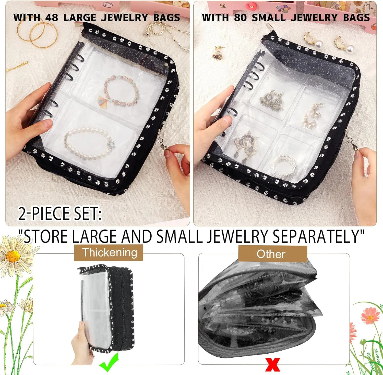 Jewelry Storage Book Organizer Travel Transparent Earring Storage Binder for Necklace, Ring, Earring, Storage (2 Set, Black Flowers)