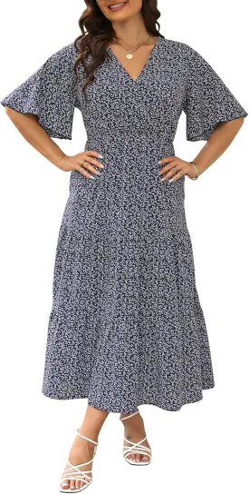 Keluummi Plus Size Summer Wedding Guest Maxi Dresses for Curvy Women, Casual Floral 3/4 Sleeve Emipre Waist V Neck Long Dress