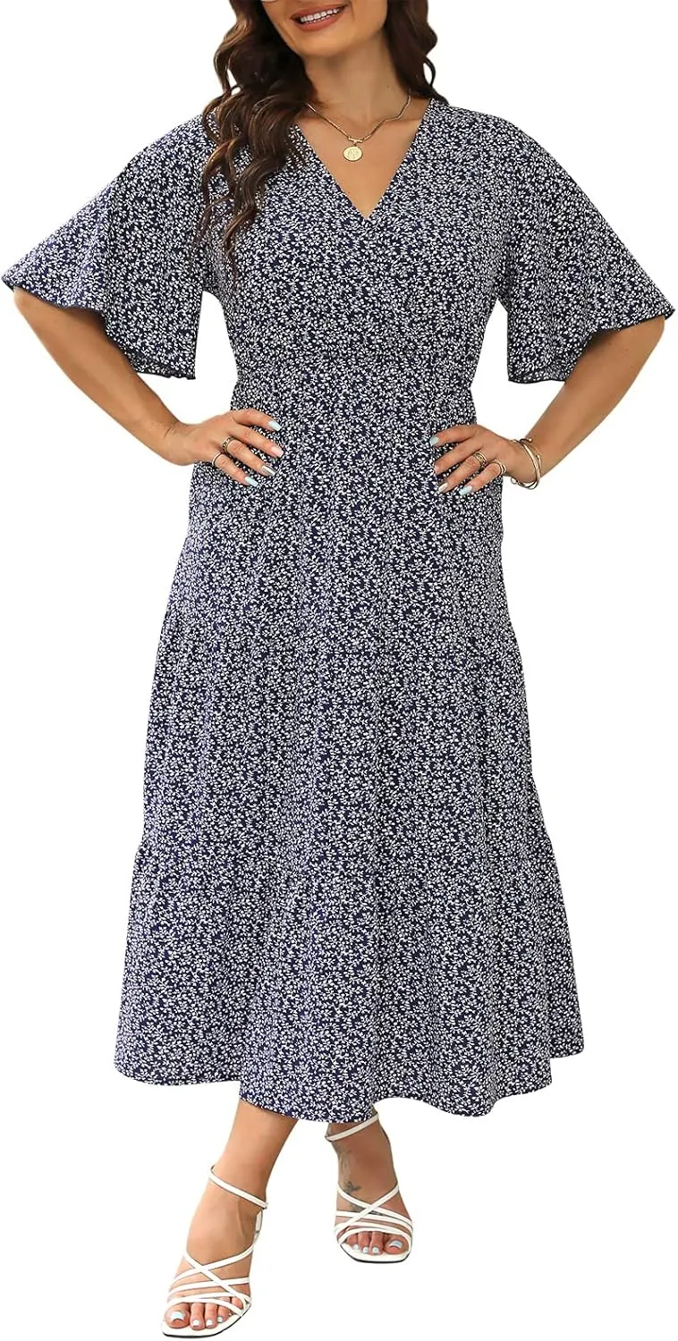 Keluummi Plus Size Summer Wedding Guest Maxi Dresses for Curvy Women, Casual Floral 3/4 Sleeve Emipre Waist V Neck Long Dress