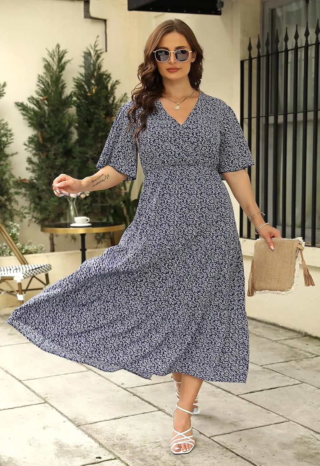Keluummi Plus Size Summer Wedding Guest Maxi Dresses for Curvy Women, Casual Floral 3/4 Sleeve Emipre Waist V Neck Long Dress