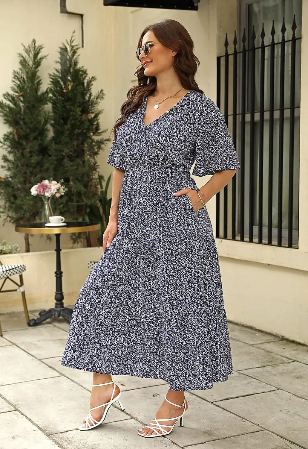 Keluummi Plus Size Summer Wedding Guest Maxi Dresses for Curvy Women, Casual Floral 3/4 Sleeve Emipre Waist V Neck Long Dress