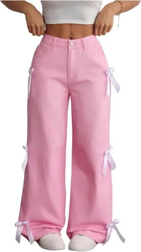 MakeMeChic Women's Bow Knot Zip Up Denim Pants Loose Fit Button Front Straight Leg Jeans