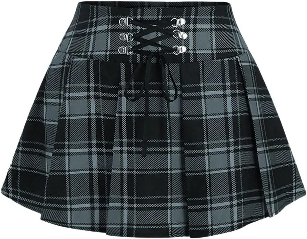 MakeMeChic Women's Y2K Plaid Lace Up Mini Skirt Pleated A Line Skater Skirts