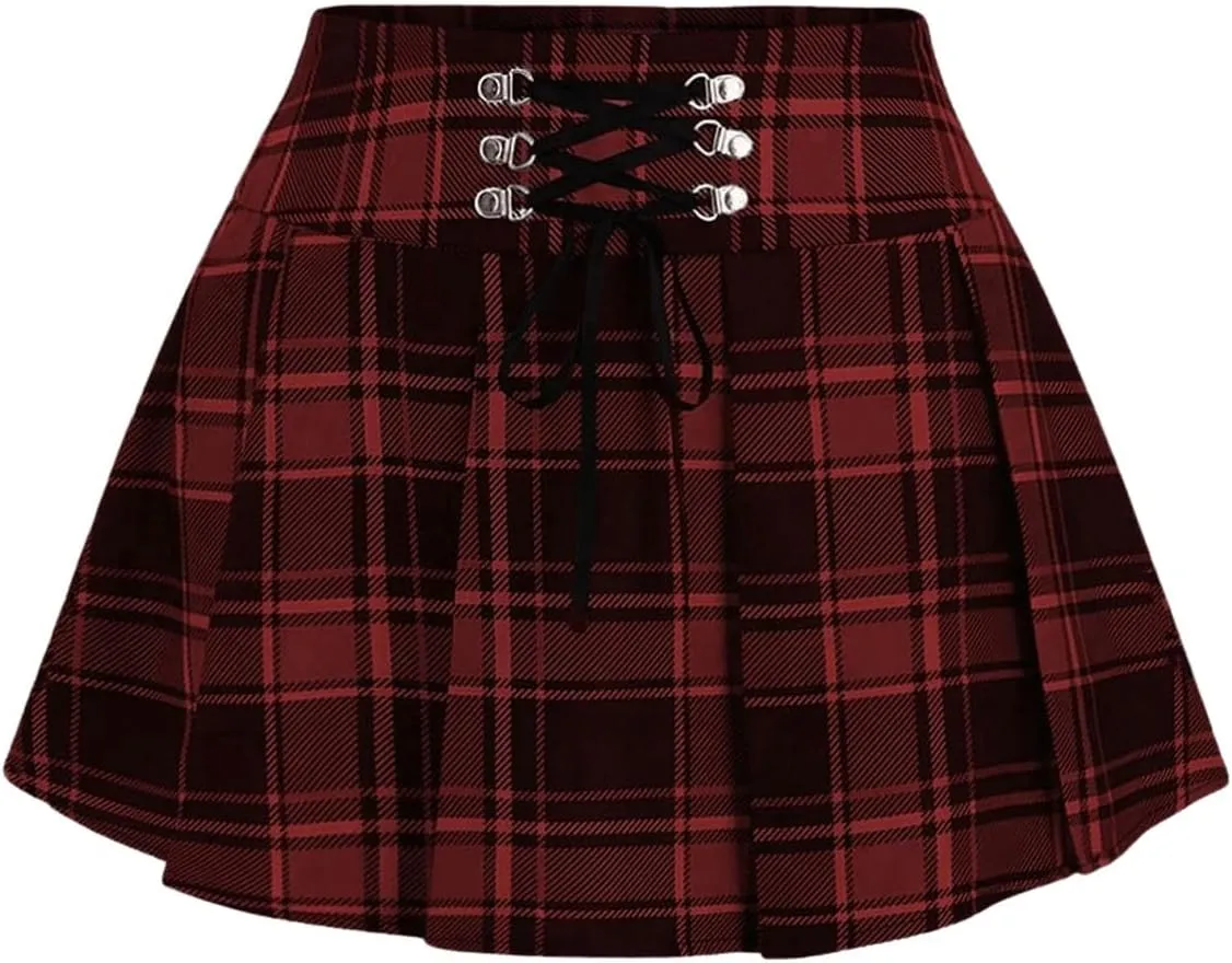 MakeMeChic Women's Y2K Plaid Lace Up Mini Skirt Pleated A Line Skater Skirts