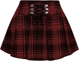 MakeMeChic Women's Y2K Plaid Lace Up Mini Skirt Pleated A Line Skater Skirts